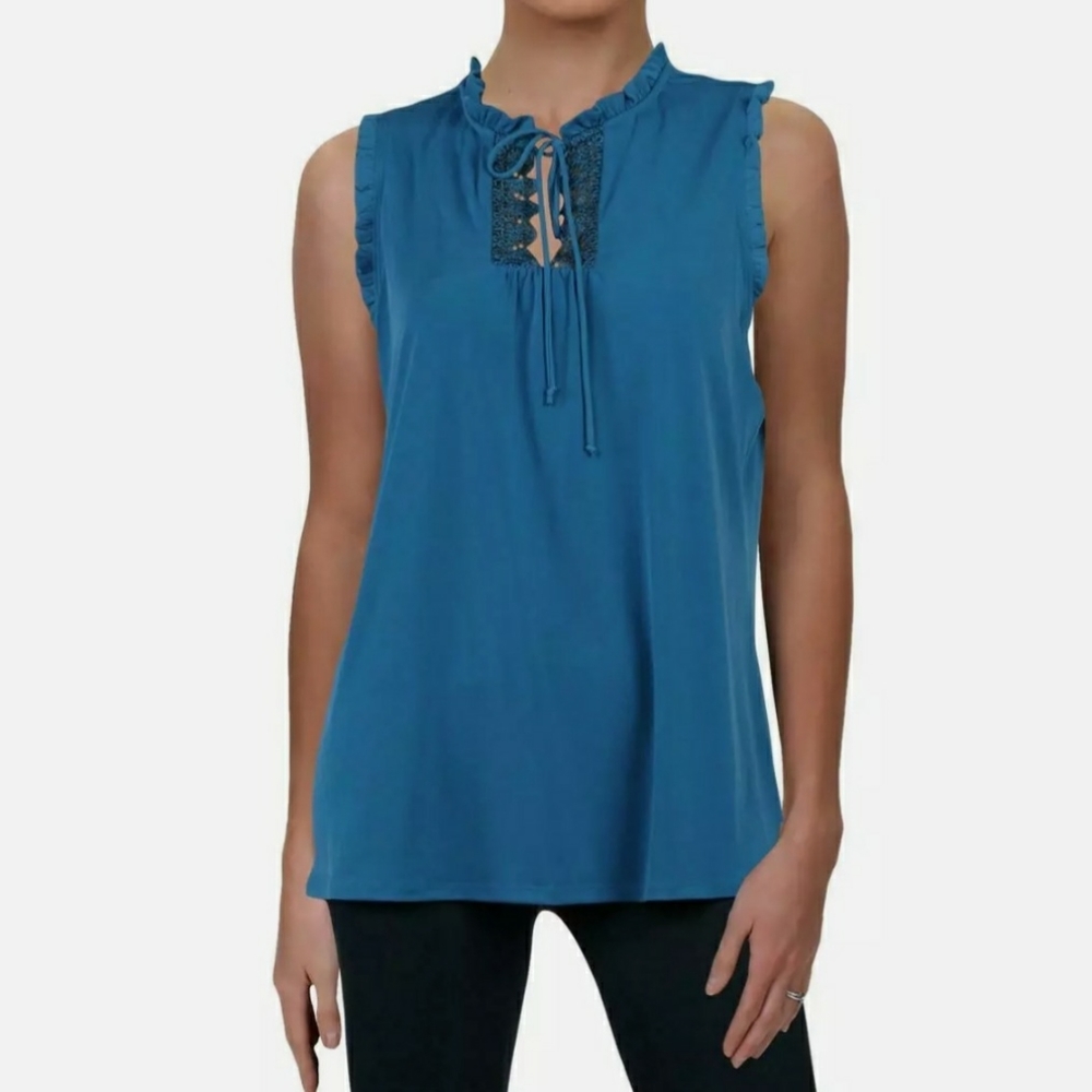 NY Collection Top Blue Ruffled Crochet Sleeveless